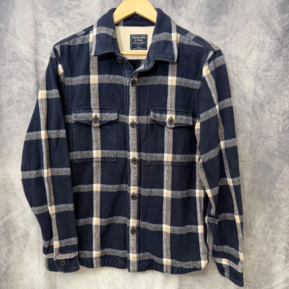 Abercrombie & Fitch Mens Navy Blue Plaid Flannel Shirt Jacket Button Up Medium